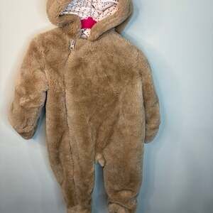 Infant Teddy Bear Faux Fur Hooded Romper Brown One-Piece Size 9/12M